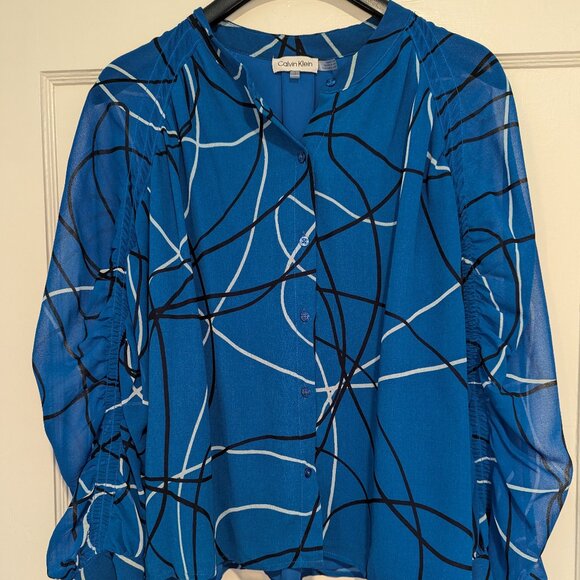 Calvin Klein Blouse, Beautiful Blue with White & Black Stripes, Size L - Picture 1 of 5